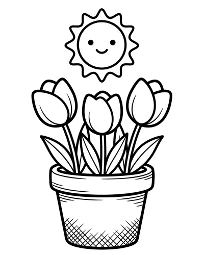 Free printable potted tulips with a smiling sun coloring page (US Letter PDF)