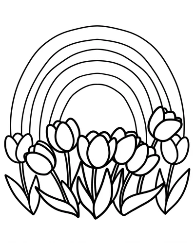 Free printable rainbow over a row of tulips coloring page (US Letter PDF)