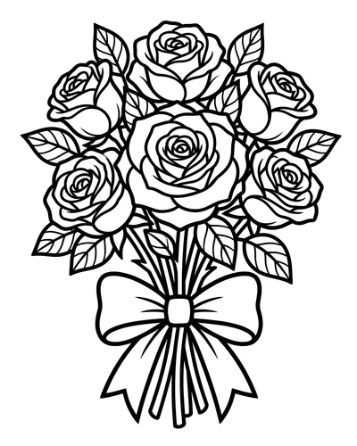 Free printable rose bouquet with a ribbon bow coloring page (US Letter PDF)