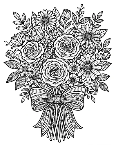 Free printable rose and daisy bouquet with a bow coloring page (US Letter PDF)