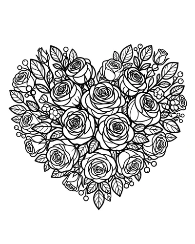 Free printable heart-shaped rose wreath coloring page (US Letter PDF)