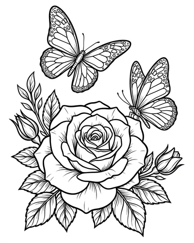 Free printable rose with two butterflies and buds coloring page (US Letter PDF)