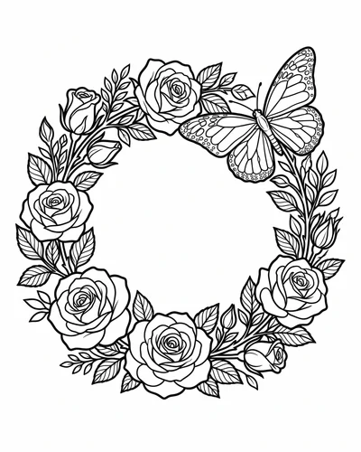 Free printable rose wreath ring with a butterfly coloring page (US Letter PDF)