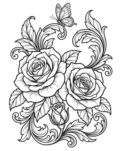 Free printable roses and a butterfly with baroque swirls coloring page (US Letter PDF)
