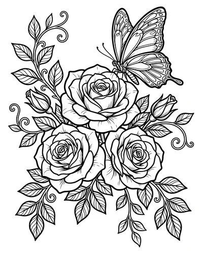 Free printable roses and a butterfly with scrollwork coloring page (US Letter PDF)