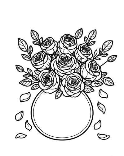 Free printable roses in a round vase with falling petals coloring page (US Letter PDF)