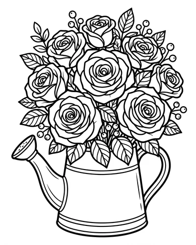 Free printable roses in a watering can coloring page (US Letter PDF)