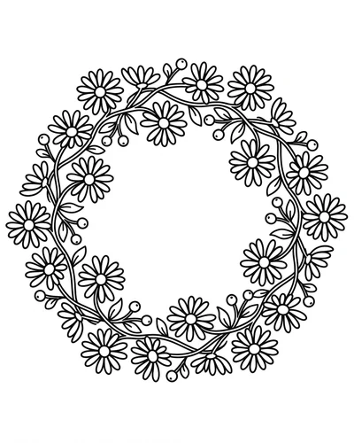 Free printable round daisy wreath ring coloring page (US Letter PDF)