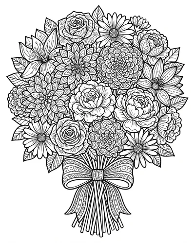 Free printable round mixed flower bouquet tied with a bow coloring page (US Letter PDF)