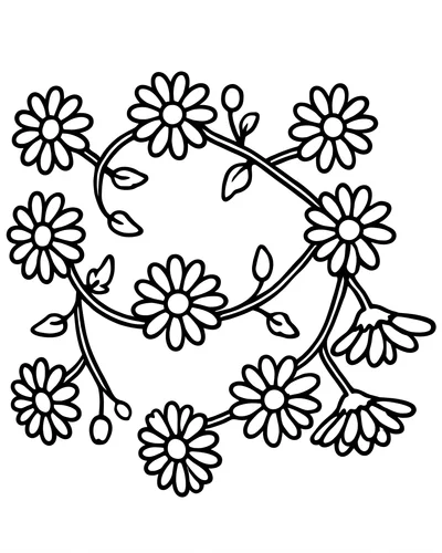 Free printable scattered daisies on vines coloring page (US Letter PDF)