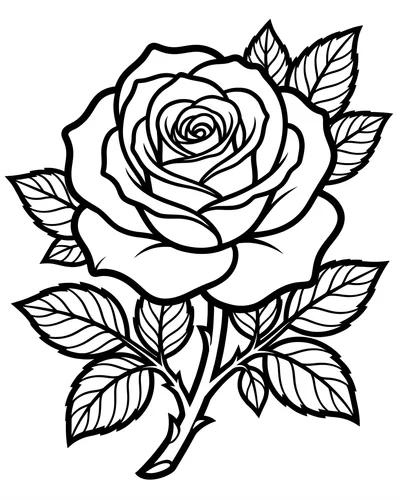 Free printable single rose with leaves and stem coloring page (US Letter PDF)