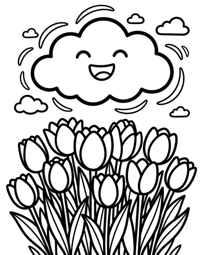 Free printable tulip garden with a smiling cloud coloring page (US Letter PDF)
