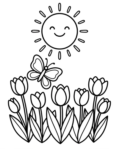 Free printable smiling sun and butterfly over tulips coloring page (US Letter PDF)