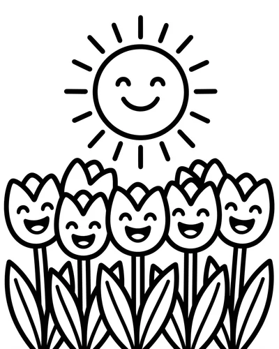 Free printable smiling sun over a row of happy tulips coloring page (US Letter PDF)