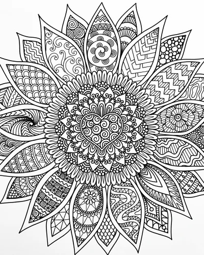 Free printable sunflower mandala with a heart center coloring page (US Letter PDF)