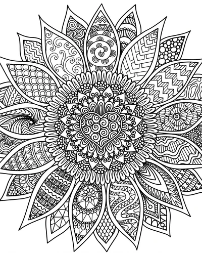 Free printable sunflower mandala with a zentangle heart coloring page (US Letter PDF)