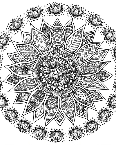 Free printable sunflower mandala with a lotus border coloring page (US Letter PDF)