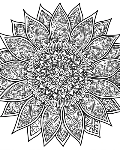 Free printable sunflower mandala with paisley swirls coloring page (US Letter PDF)