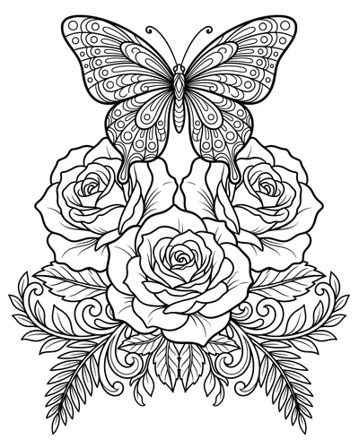 Free printable symmetrical butterfly over a rose trio coloring page (US Letter PDF)