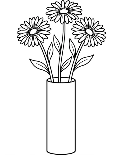 Free printable three daisies in a tall vase coloring page (US Letter PDF)