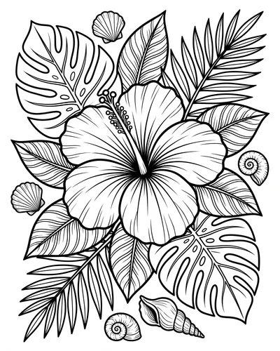 Free printable tropical hibiscus with monstera leaves and shells coloring page (US Letter PDF)