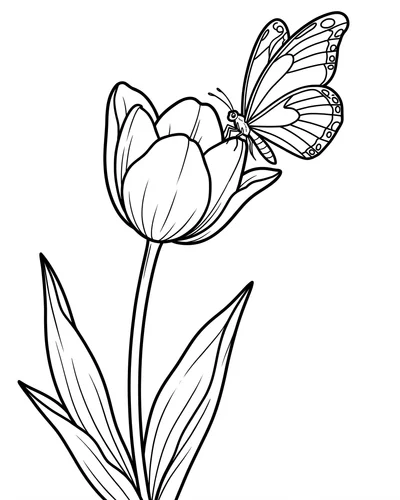 Free printable tulip with a butterfly coloring page (US Letter PDF)
