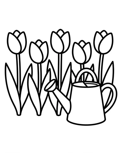 Free printable tulips in a watering can coloring page (US Letter PDF)