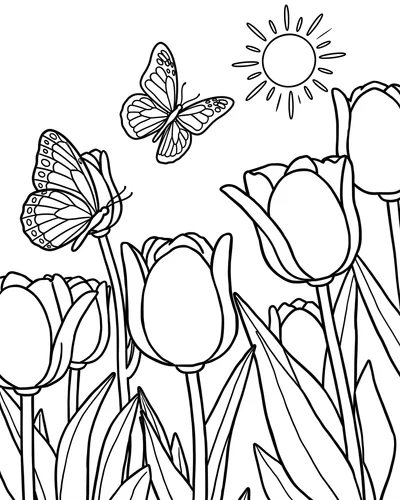 Free printable two butterflies over tulips and a sun coloring page (US Letter PDF)