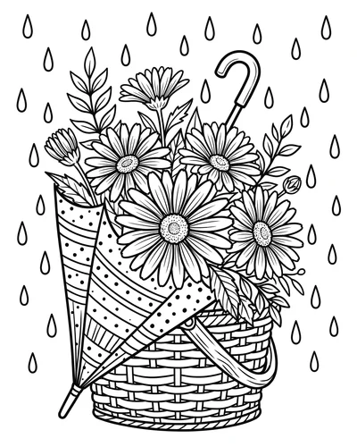 Free printable daisies in a woven umbrella basket coloring page (US Letter PDF)