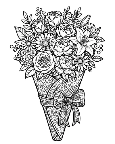Free printable flower bouquet wrapped in a paper cone coloring page (US Letter PDF)