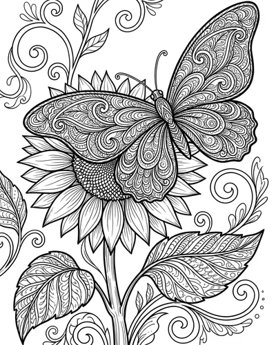 Free printable zentangle butterfly on a single sunflower coloring page (US Letter PDF)