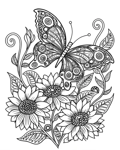Free printable zentangle butterfly with a sunflower cluster coloring page (US Letter PDF)