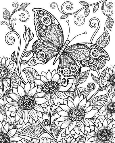 Free printable zentangle butterfly over a sunflower field coloring page (US Letter PDF)