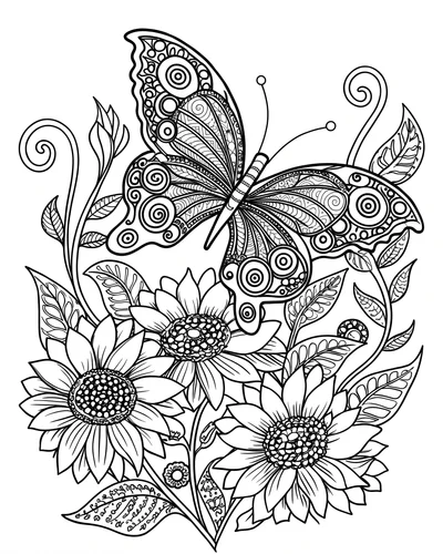 Free printable zentangle butterfly with sunflowers coloring page (US Letter PDF)