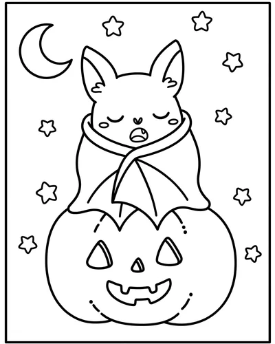 Featured halloween coloring pages — Baby bat wrapped snugly in its own wings sitting on a pumpkin with a sleepy smile, cute printable Halloween coloring sheet