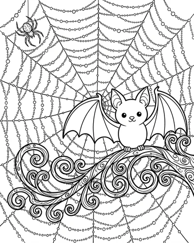 Bat resting on a curled iron branch beside an elaborate dewy spiderweb with a small spider in the corner, intricate Halloween coloring page