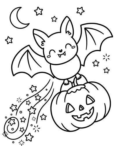 Joyful cartoon bat flying with both wings up over a pumpkin, a trail of stars behind it, Halloween coloring page to print
