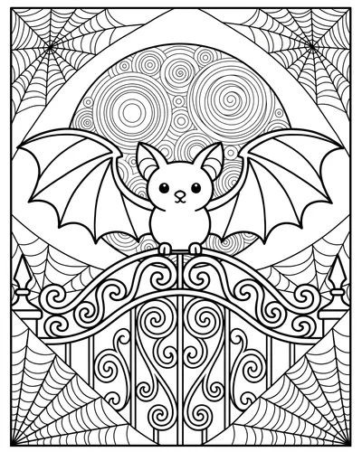 Bat resting on an iron fence beside a full moon with delicate spiderwebs in the corners, detailed printable Halloween coloring page