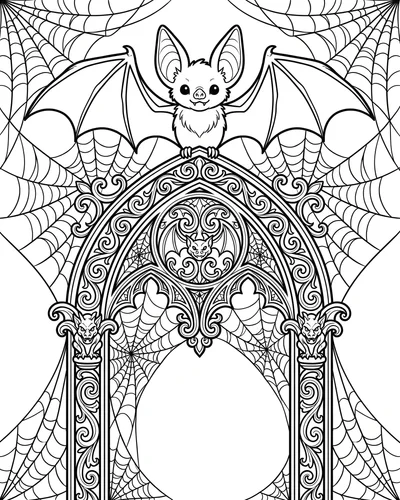 Bat perched on a swirling gothic archway with ornamental scrollwork and fine cobweb details, intricate Halloween coloring page for adults