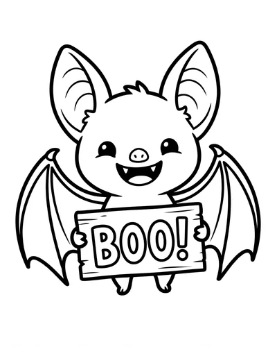 Cheerful bat holding a small BOO sign with both wings and an open-mouth smile, free printable Halloween coloring page