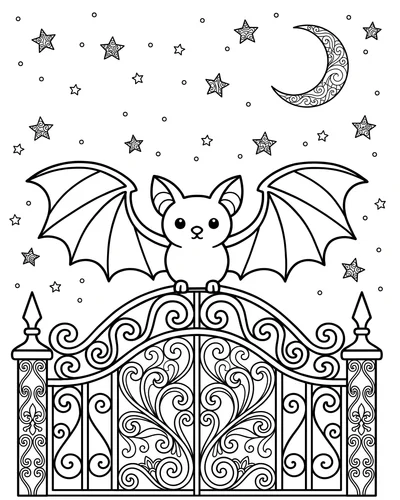 Bat above an ornate iron cemetery gate with elegant filigree, tiny stars and a thin crescent moon, detailed Halloween coloring page