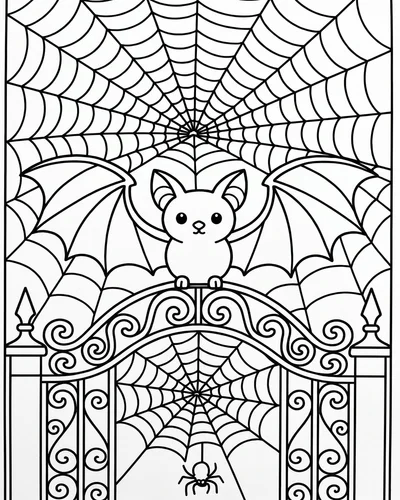 Cute bat sitting on an ornate wrought-iron gate with a large detailed spiderweb behind, intricate Halloween coloring page for adults