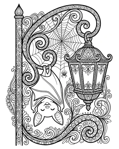 Zentangle bat hanging from a decorative iron lantern post with a spiderweb woven between the curls, detailed Halloween coloring page