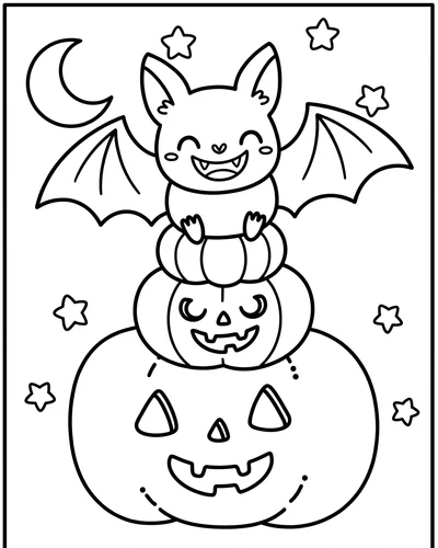 Proud bat sitting on a stack of three different-sized pumpkins with a big smile, printable Halloween coloring sheet for kids