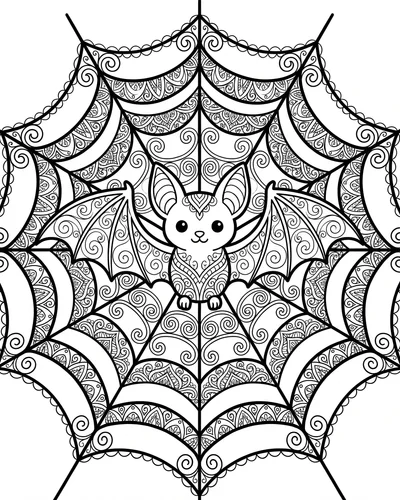 Bat surrounded by a large ornate circular spiderweb with detailed lacy patterning, intricate Halloween coloring page for adults