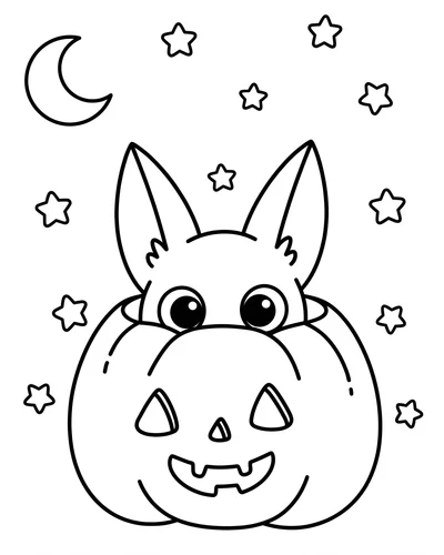 Curious bat peeking out from inside a carved pumpkin with only its eyes and ears showing, surrounded by stars, Halloween coloring page