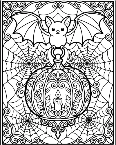 Bat sitting atop a decorative pumpkin-shaped iron lantern with fine web patterns radiating outward, intricate Halloween coloring page
