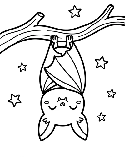 Sleepy cartoon bat hanging upside down from a tree branch among little stars, printable Halloween coloring sheet for kids
