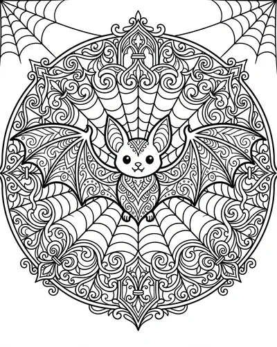 Zentangle bat framed inside a round ornate spiderweb mandala with symmetrical patterned wings, intricate Halloween coloring page for adults