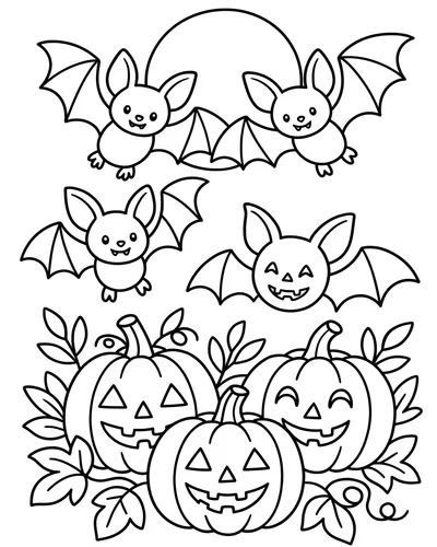 Group of cheerful bats flying above a row of three smiling jack-o'-lanterns nestled in autumn leaves under a full moon, Halloween coloring page